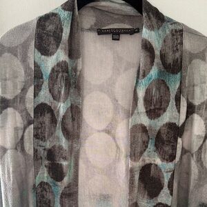Robert kitchen Long Open-Front Gray & Teal Dot Cardigan size medium